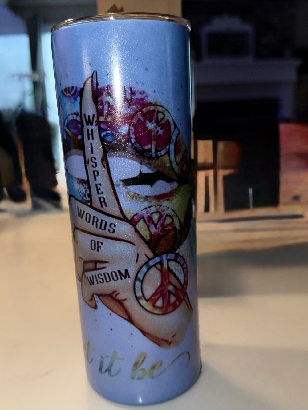 Blue Peace Sign & Whisper Words Travel Tumbler